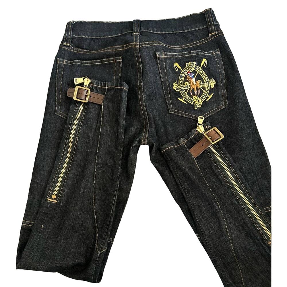 Ralph Lauren embroidered polo on dark denim with leather & zippers at ankle 28